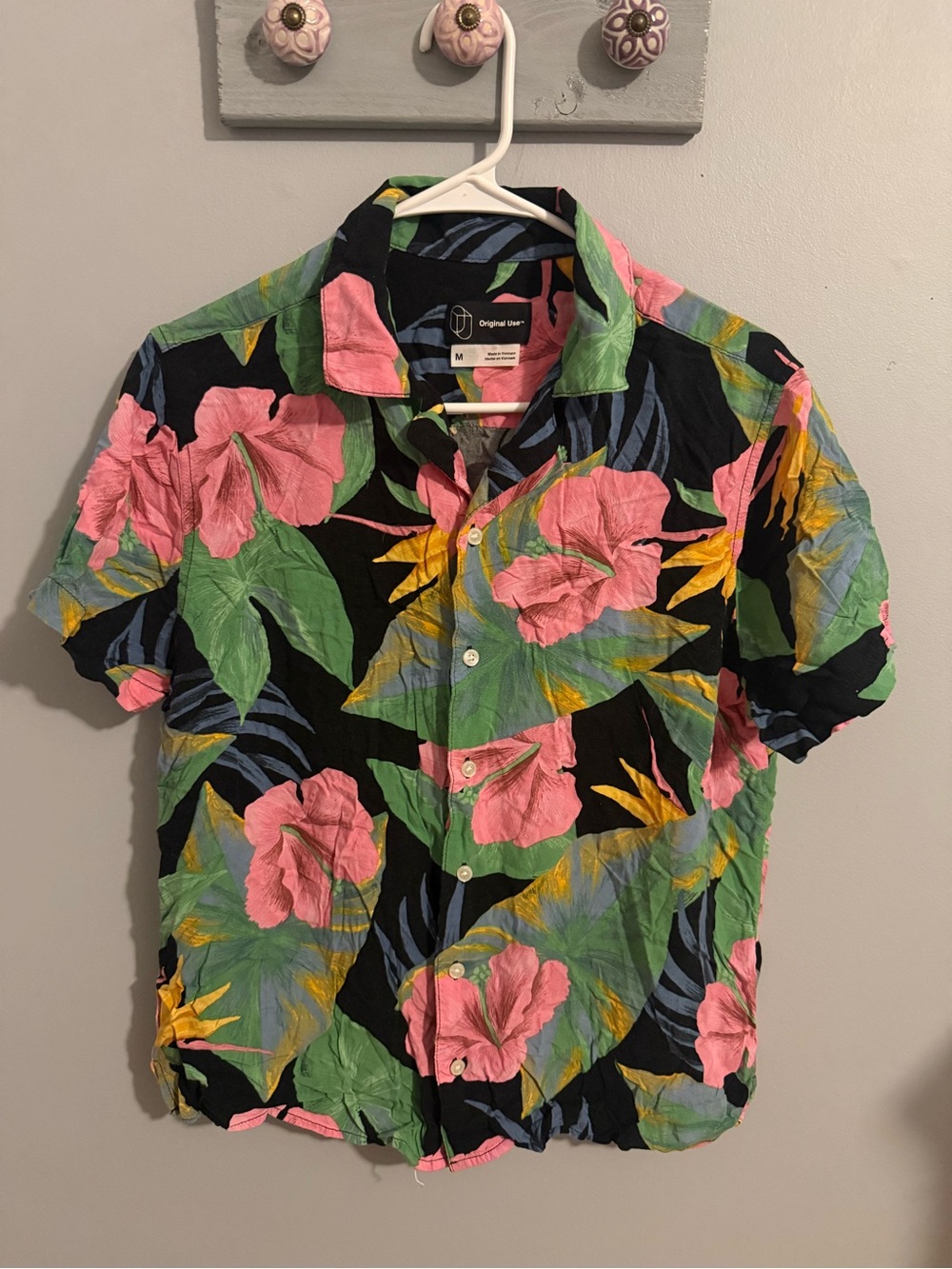 Original Use Black Short-Sleeve Button-Down with Pink Floral and Green Leaves